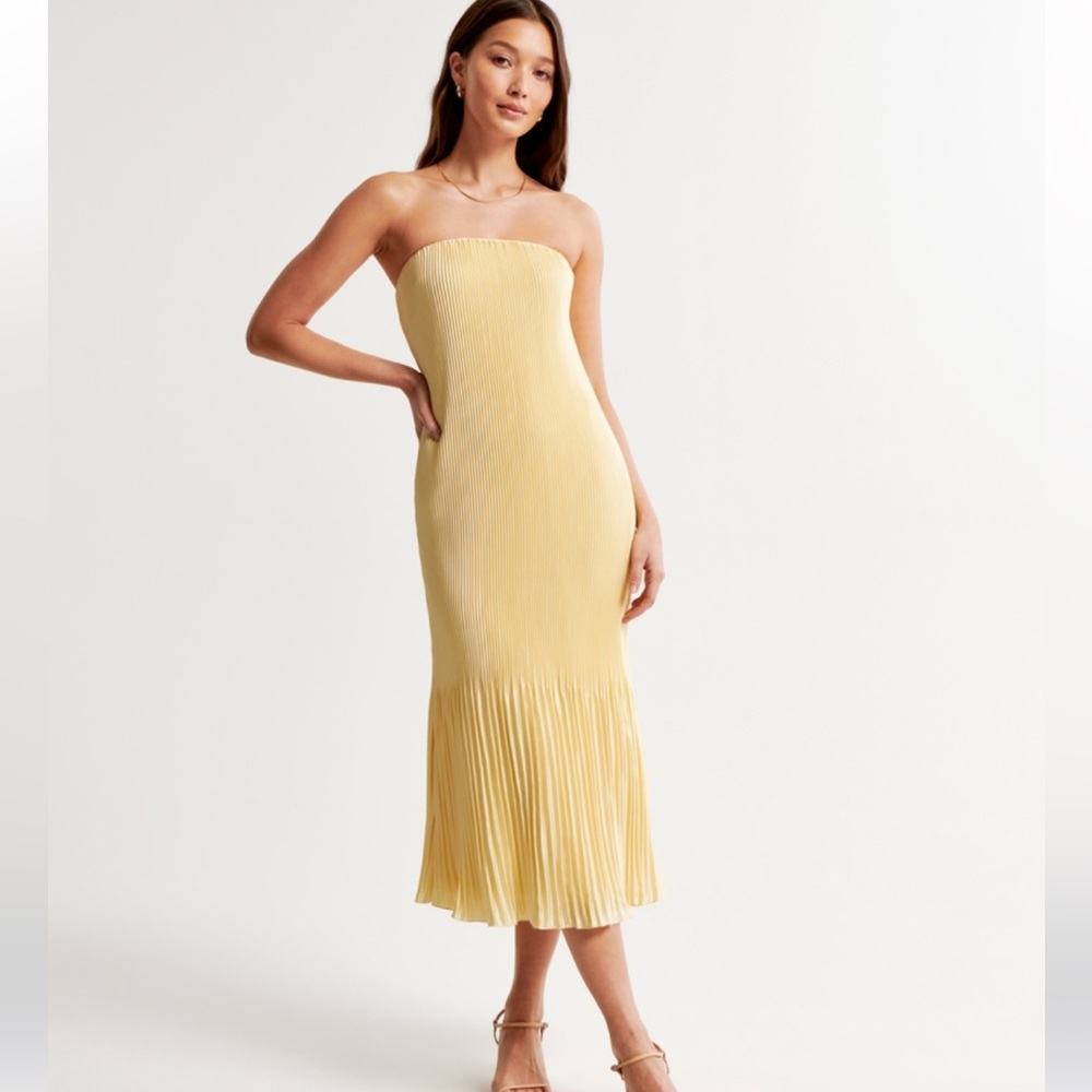 Abercrombie & Fitch Strapless Pleated Midi Dress - Pale Yellow